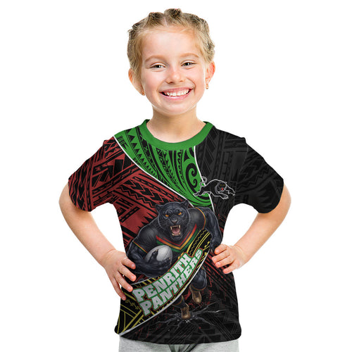 Penrith Panthers Rugby Kid T Shirt Tribal Polynesian Power Art - Lightning Mascot