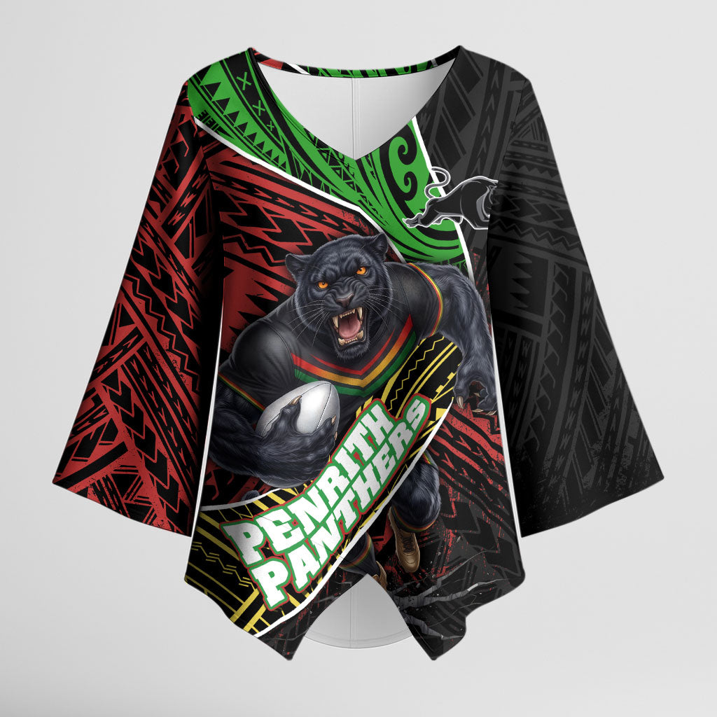 Penrith Panthers Rugby Kimono Sleeve Blouse Tribal Polynesian Power Art - Lightning Mascot
