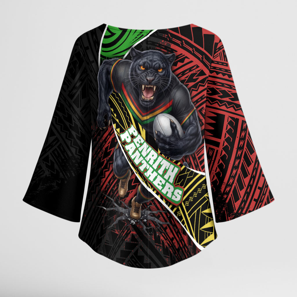Penrith Panthers Rugby Kimono Sleeve Blouse Tribal Polynesian Power Art - Lightning Mascot