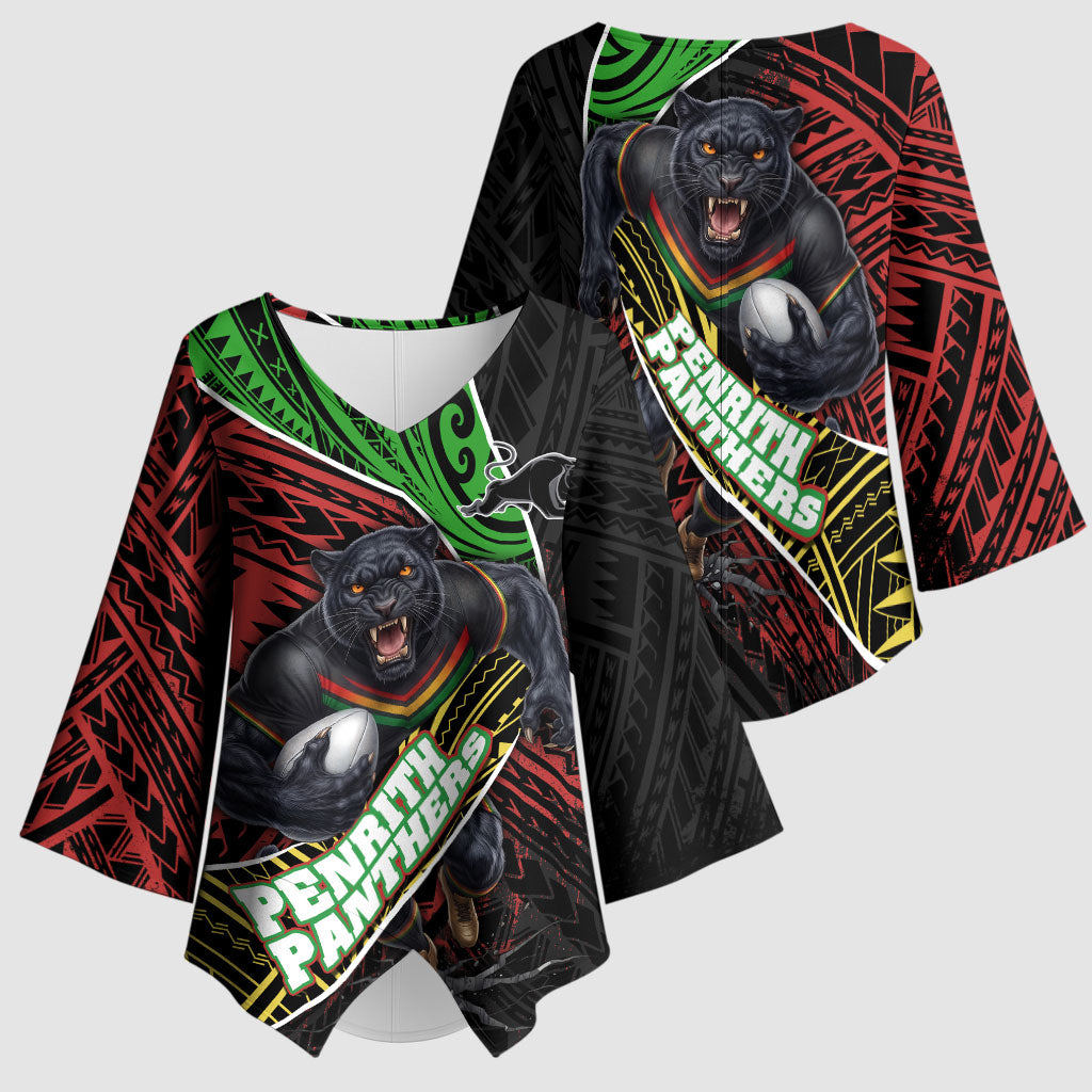 Penrith Panthers Rugby Kimono Sleeve Blouse Tribal Polynesian Power Art - Lightning Mascot
