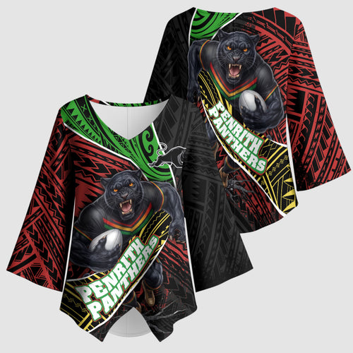 Penrith Panthers Rugby Kimono Sleeve Blouse Tribal Polynesian Power Art - Lightning Mascot