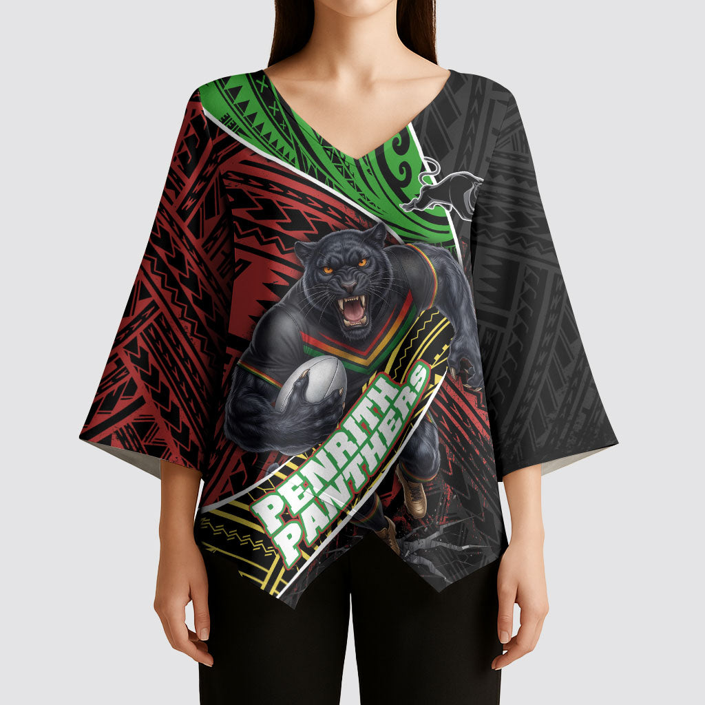 Penrith Panthers Rugby Kimono Sleeve Blouse Tribal Polynesian Power Art - Lightning Mascot