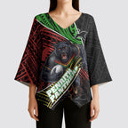 Penrith Panthers Rugby Kimono Sleeve Blouse Tribal Polynesian Power Art - Lightning Mascot