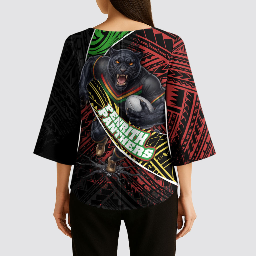 Penrith Panthers Rugby Kimono Sleeve Blouse Tribal Polynesian Power Art - Lightning Mascot