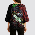 Penrith Panthers Rugby Kimono Sleeve Blouse Tribal Polynesian Power Art - Lightning Mascot