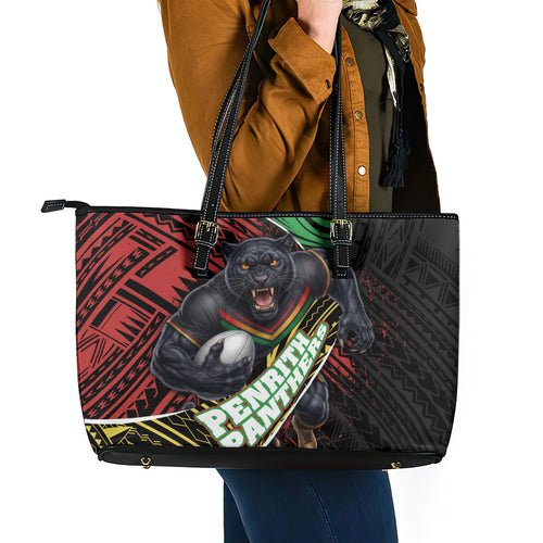 Penrith Panthers Rugby Leather Tote Bag Tribal Polynesian Power Art - Lightning Mascot