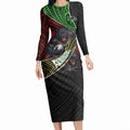 Penrith Panthers Rugby Long Sleeve Bodycon Dress Tribal Polynesian Power Art - Lightning Mascot