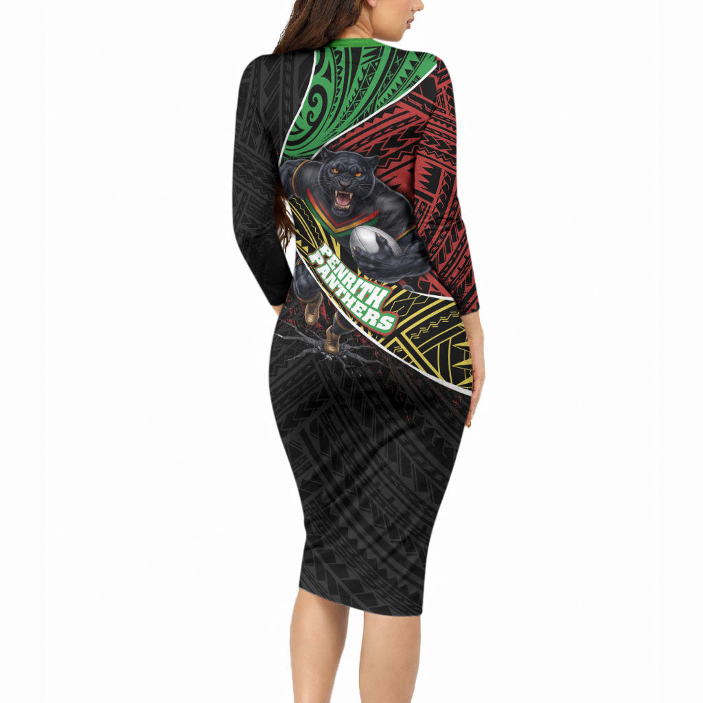 Penrith Panthers Rugby Long Sleeve Bodycon Dress Tribal Polynesian Power Art - Lightning Mascot