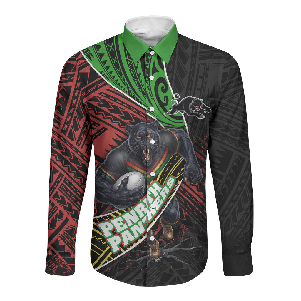 Penrith Panthers Rugby Long Sleeve Button Shirt Tribal Polynesian Power Art - Lightning Mascot
