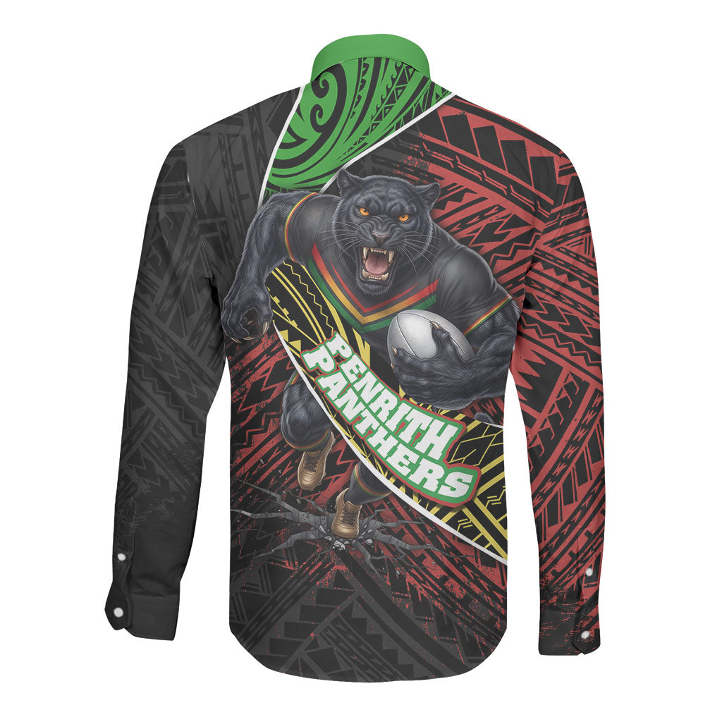 Penrith Panthers Rugby Long Sleeve Button Shirt Tribal Polynesian Power Art - Lightning Mascot