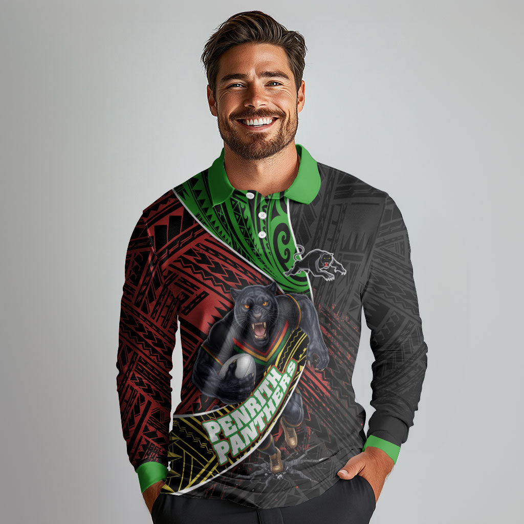 Penrith Panthers Rugby Long Sleeve Polo Shirt Tribal Polynesian Power Art - Lightning Mascot