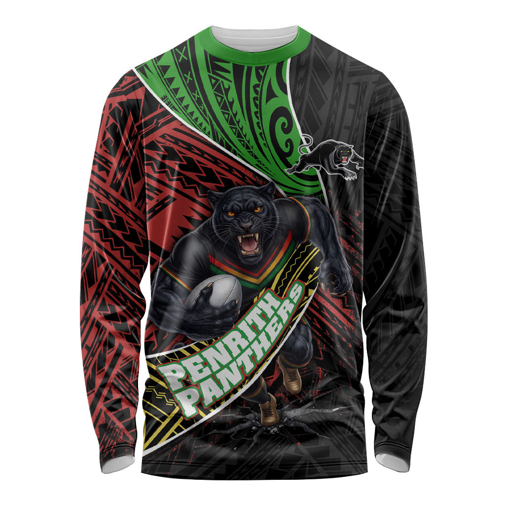 Penrith Panthers Rugby Long Sleeve Shirt Tribal Polynesian Power Art - Lightning Mascot