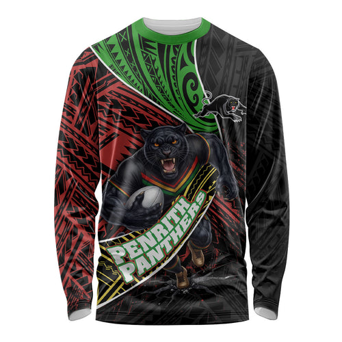 Penrith Panthers Rugby Long Sleeve Shirt Tribal Polynesian Power Art - Lightning Mascot