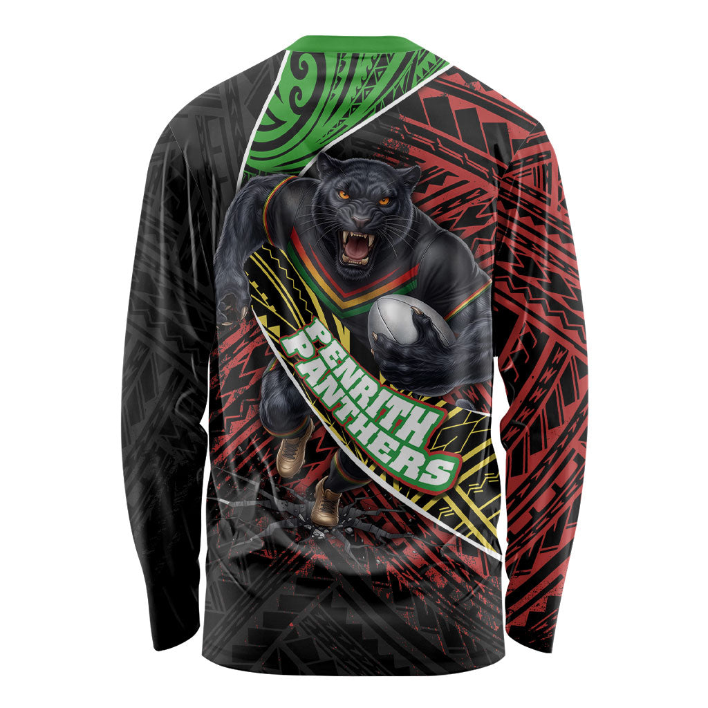 Penrith Panthers Rugby Long Sleeve Shirt Tribal Polynesian Power Art - Lightning Mascot