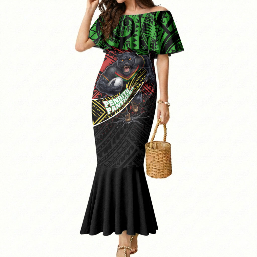 Penrith Panthers Rugby Mermaid Dress Tribal Polynesian Power Art - Lightning Mascot