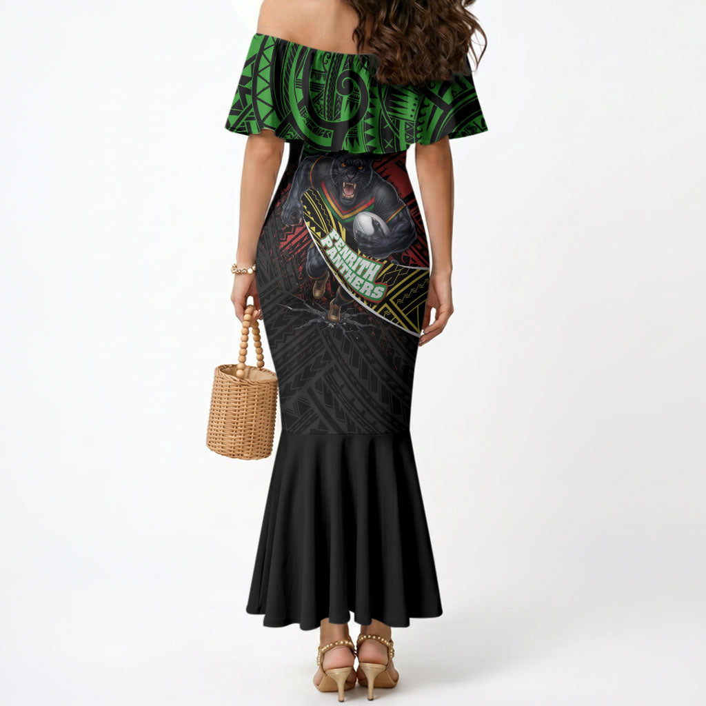 Penrith Panthers Rugby Mermaid Dress Tribal Polynesian Power Art - Lightning Mascot