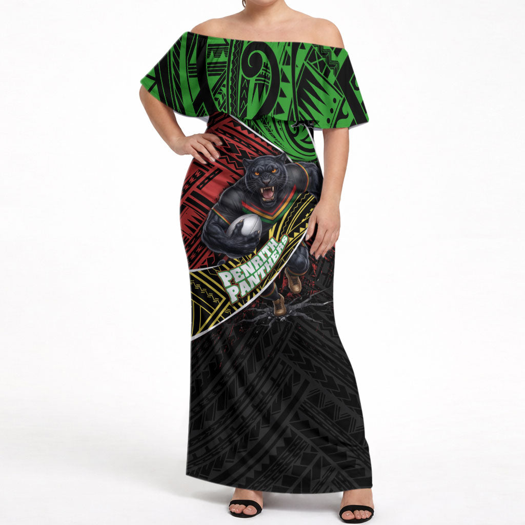 Penrith Panthers Rugby Off Shoulder Maxi Dress Tribal Polynesian Power Art - Lightning Mascot