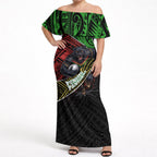 Penrith Panthers Rugby Off Shoulder Maxi Dress Tribal Polynesian Power Art - Lightning Mascot