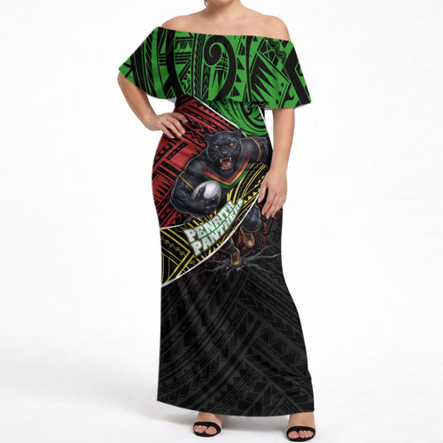 Penrith Panthers Rugby Off Shoulder Maxi Dress Tribal Polynesian Power Art - Lightning Mascot
