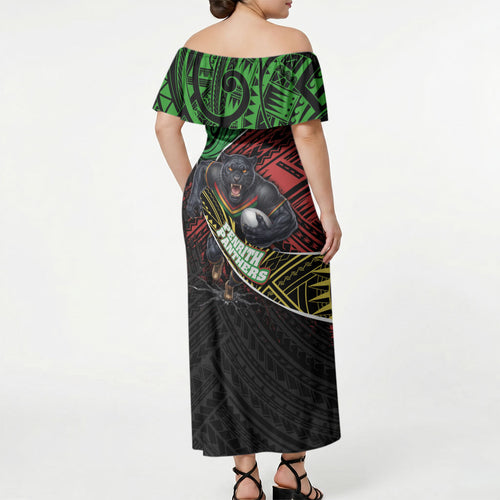 Penrith Panthers Rugby Off Shoulder Maxi Dress Tribal Polynesian Power Art - Lightning Mascot