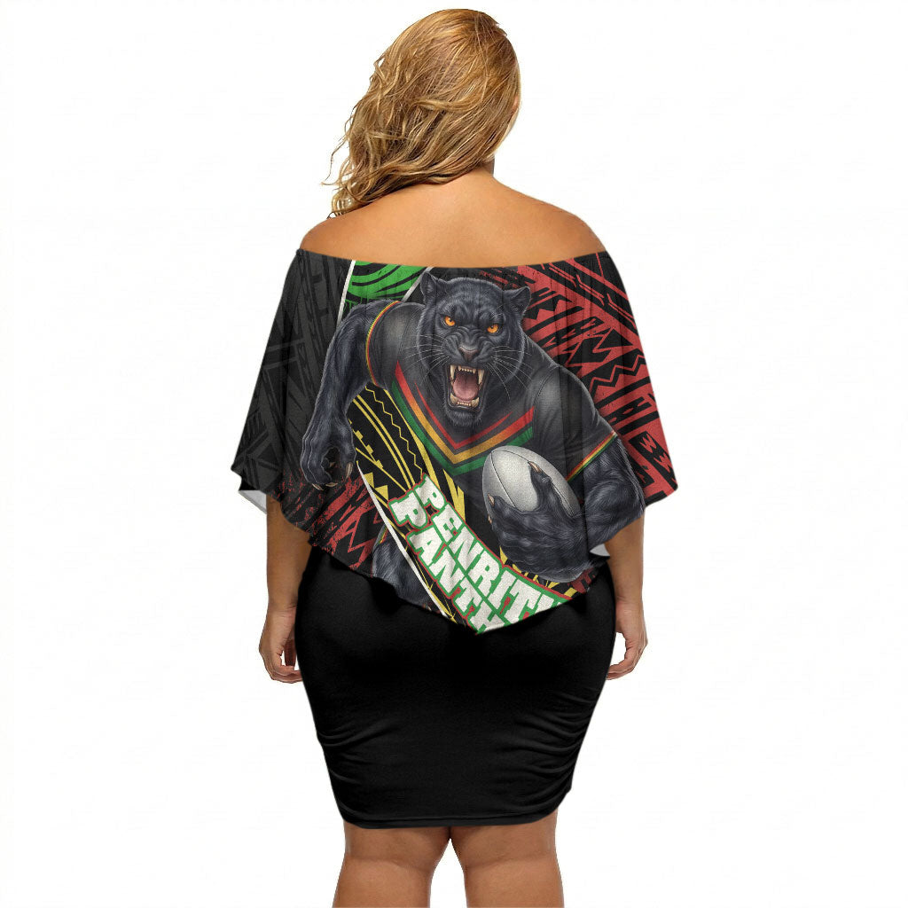 Penrith Panthers Rugby Off Shoulder Short Dress Tribal Polynesian Power Art - Lightning Mascot