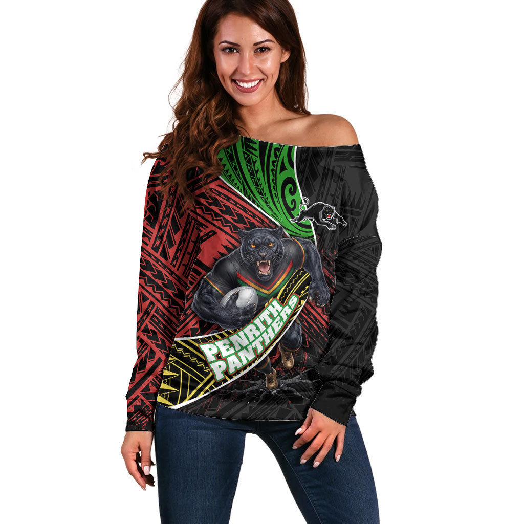 Penrith Panthers Rugby Off Shoulder Sweater Tribal Polynesian Power Art - Lightning Mascot