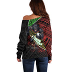 Penrith Panthers Rugby Off Shoulder Sweater Tribal Polynesian Power Art - Lightning Mascot
