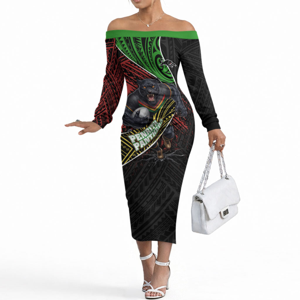 Penrith Panthers Rugby Off The Shoulder Long Sleeve Dress Tribal Polynesian Power Art - Lightning Mascot