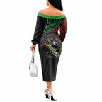 Penrith Panthers Rugby Off The Shoulder Long Sleeve Dress Tribal Polynesian Power Art - Lightning Mascot
