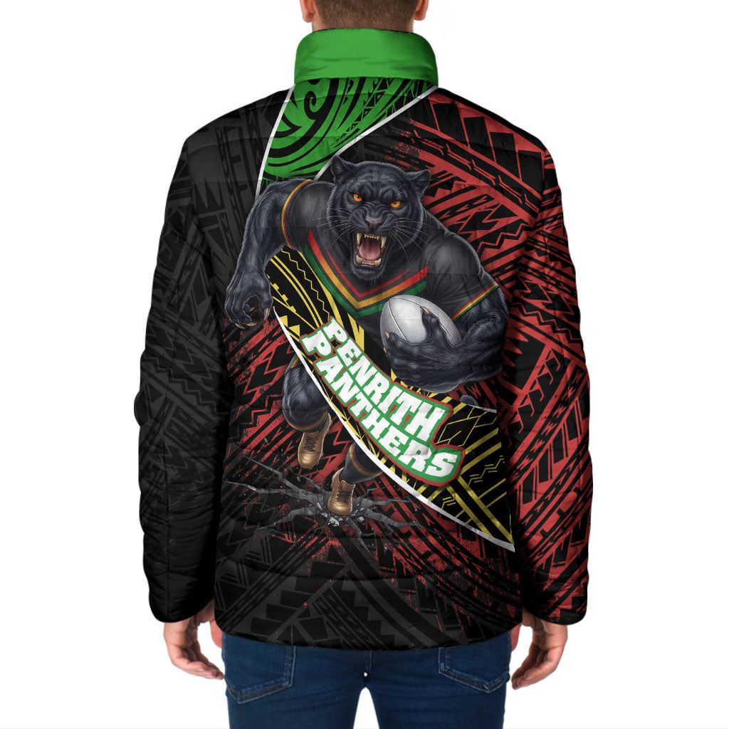 Penrith Panthers Rugby Padded Jacket Tribal Polynesian Power Art - Lightning Mascot