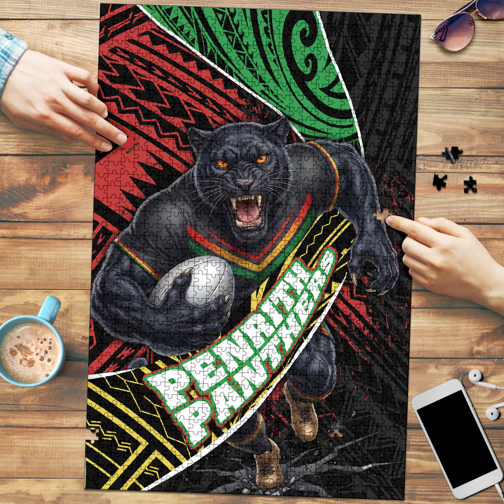Penrith Panthers Rugby Puzzle Tribal Polynesian Power Art - Lightning Mascot