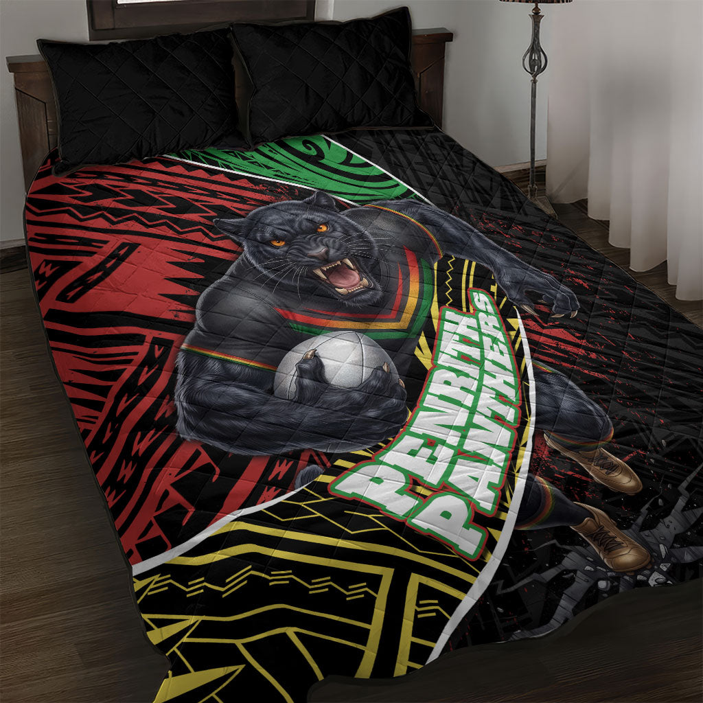 Penrith Panthers Rugby Quilt Bed Set Tribal Polynesian Power Art - Lightning Mascot