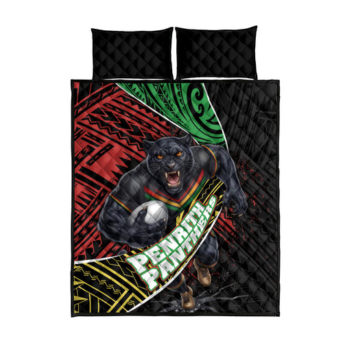 Penrith Panthers Rugby Quilt Bed Set Tribal Polynesian Power Art - Lightning Mascot