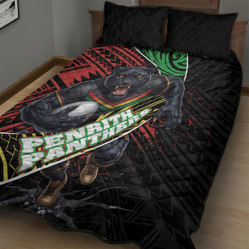 Penrith Panthers Rugby Quilt Bed Set Tribal Polynesian Power Art - Lightning Mascot