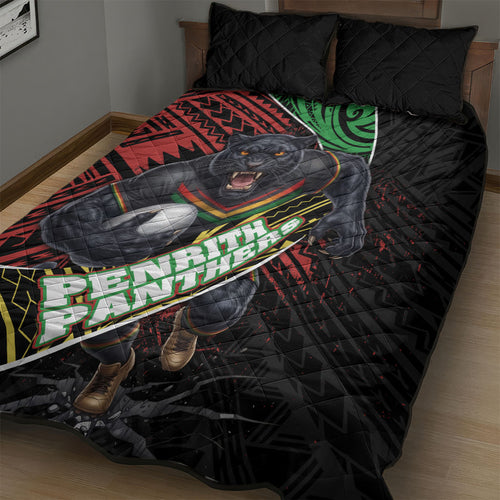 Penrith Panthers Rugby Quilt Bed Set Tribal Polynesian Power Art - Lightning Mascot