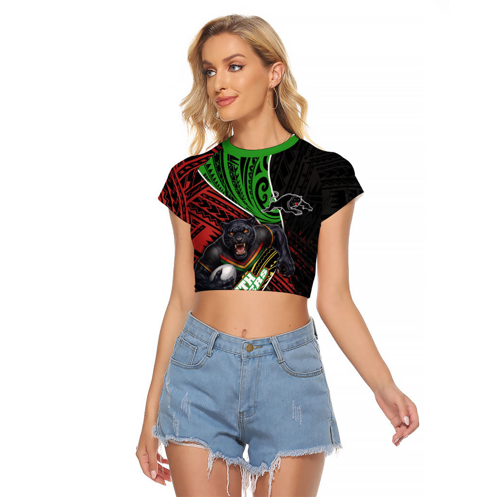 Penrith Panthers Rugby Raglan Cropped T Shirt Tribal Polynesian Power Art - Lightning Mascot