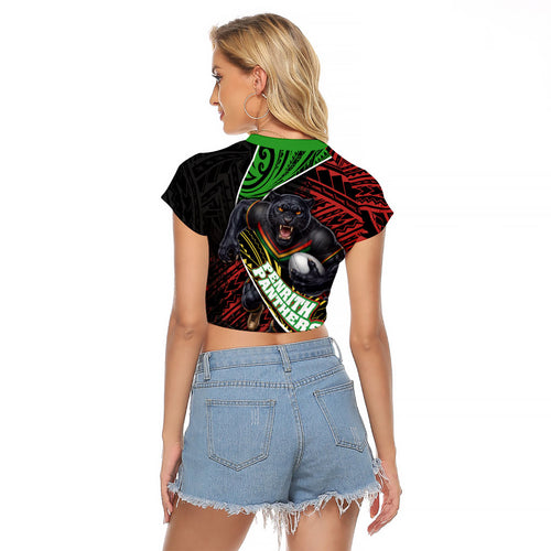 Penrith Panthers Rugby Raglan Cropped T Shirt Tribal Polynesian Power Art - Lightning Mascot