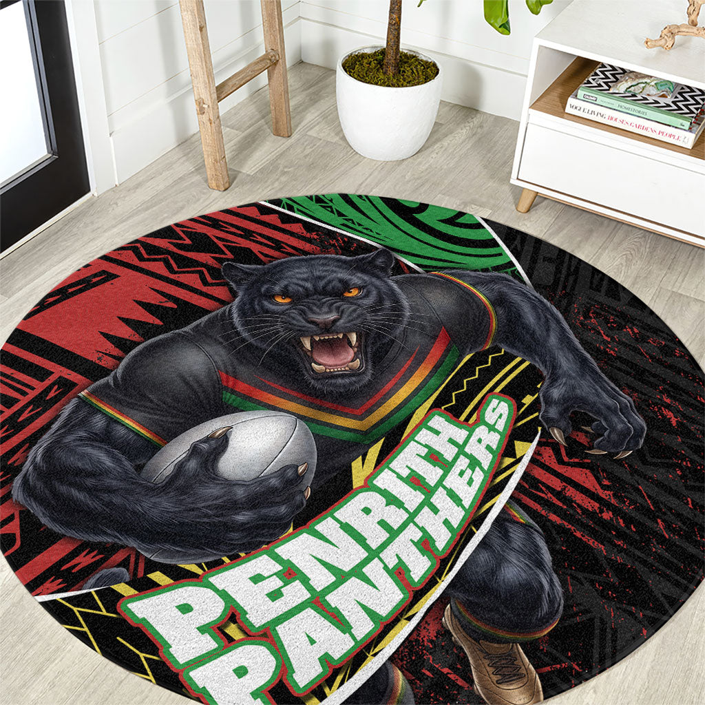Penrith Panthers Rugby Round Carpet Tribal Polynesian Power Art - Lightning Mascot