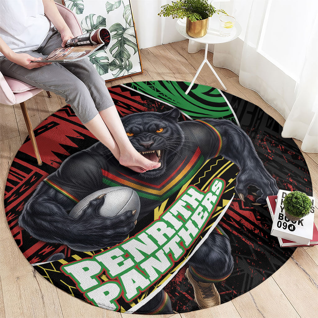 Penrith Panthers Rugby Round Carpet Tribal Polynesian Power Art - Lightning Mascot
