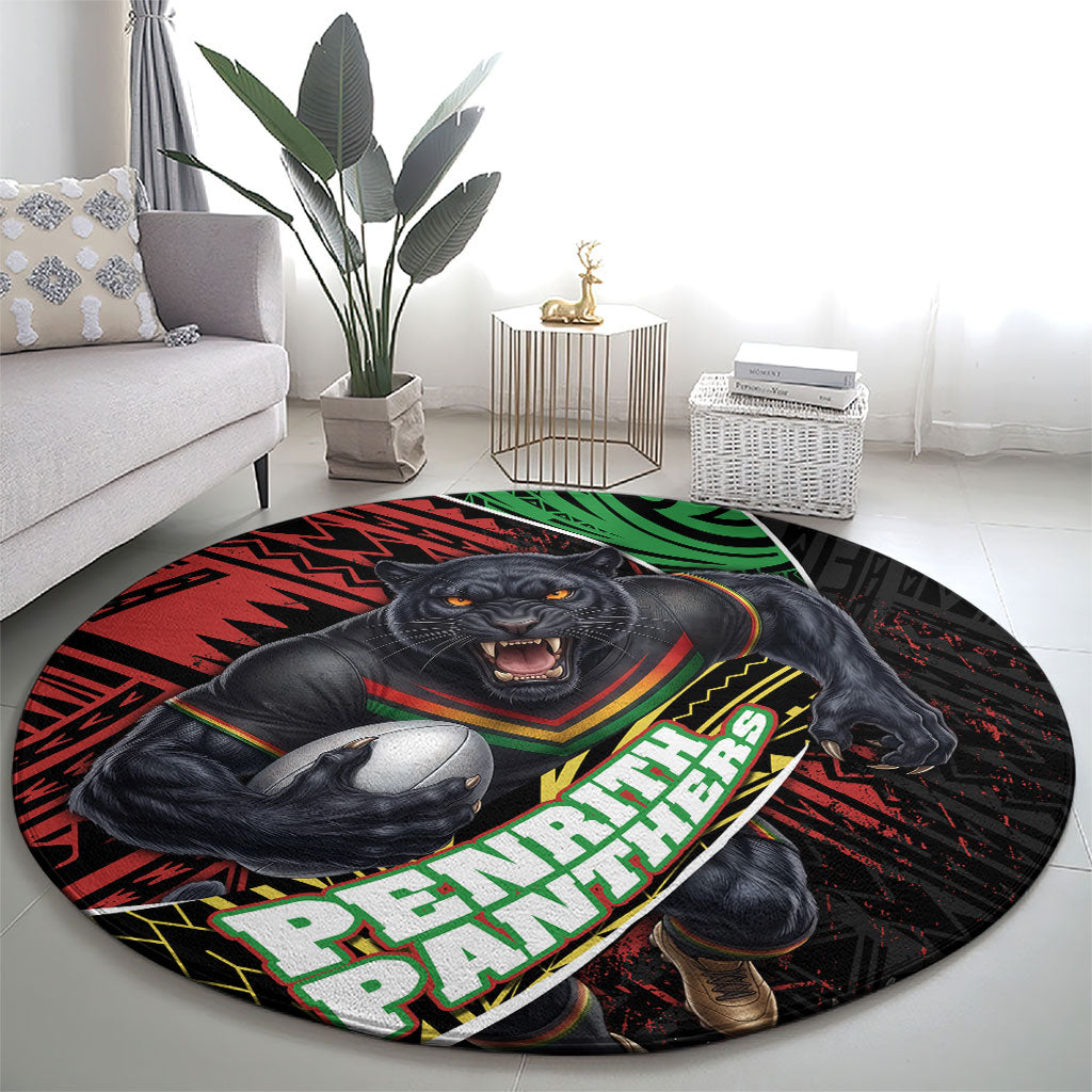 Penrith Panthers Rugby Round Carpet Tribal Polynesian Power Art - Lightning Mascot