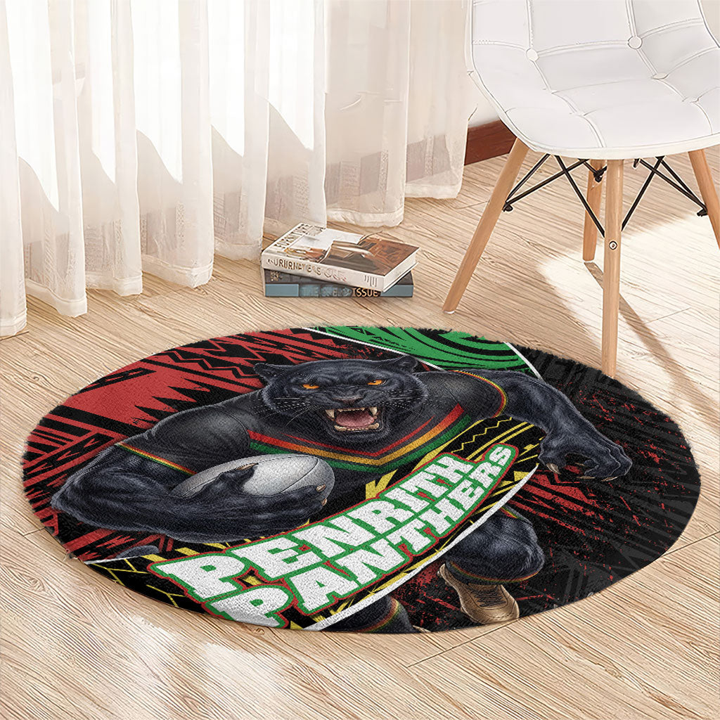 Penrith Panthers Rugby Round Carpet Tribal Polynesian Power Art - Lightning Mascot