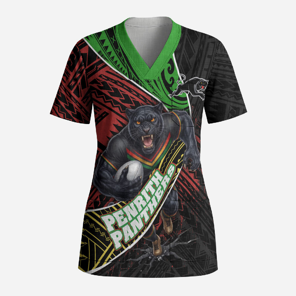 Penrith Panthers Rugby Scrub Top Tribal Polynesian Power Art - Lightning Mascot