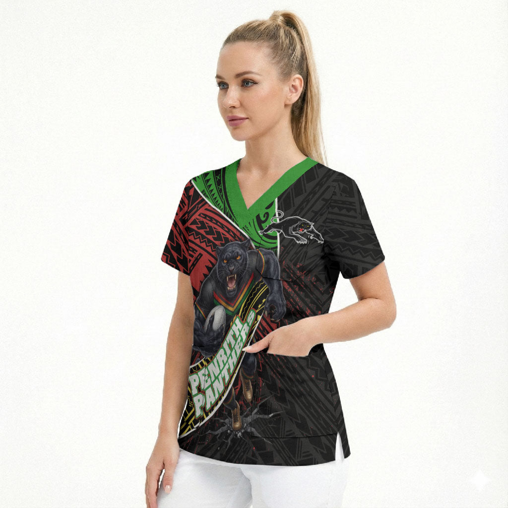 Penrith Panthers Rugby Scrub Top Tribal Polynesian Power Art - Lightning Mascot