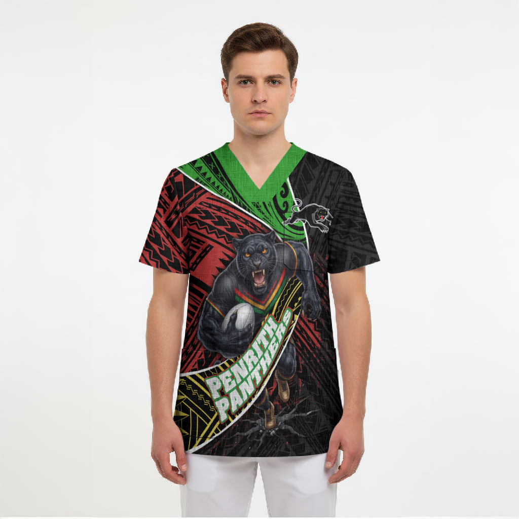 Penrith Panthers Rugby Scrub Top Tribal Polynesian Power Art - Lightning Mascot
