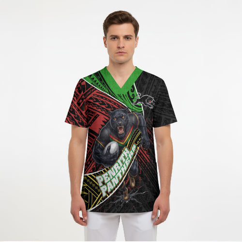 Penrith Panthers Rugby Scrub Top Tribal Polynesian Power Art - Lightning Mascot