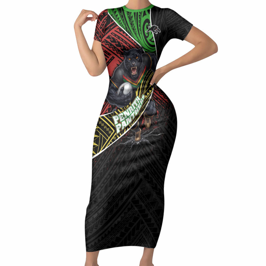 Penrith Panthers Rugby Short Sleeve Bodycon Dress Tribal Polynesian Power Art - Lightning Mascot