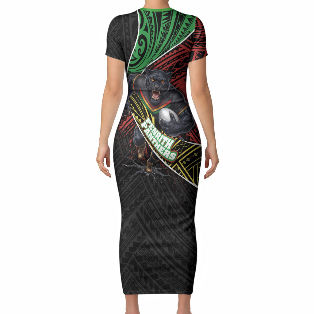 Penrith Panthers Rugby Short Sleeve Bodycon Dress Tribal Polynesian Power Art - Lightning Mascot