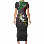Penrith Panthers Rugby Short Sleeve Bodycon Dress Tribal Polynesian Power Art - Lightning Mascot