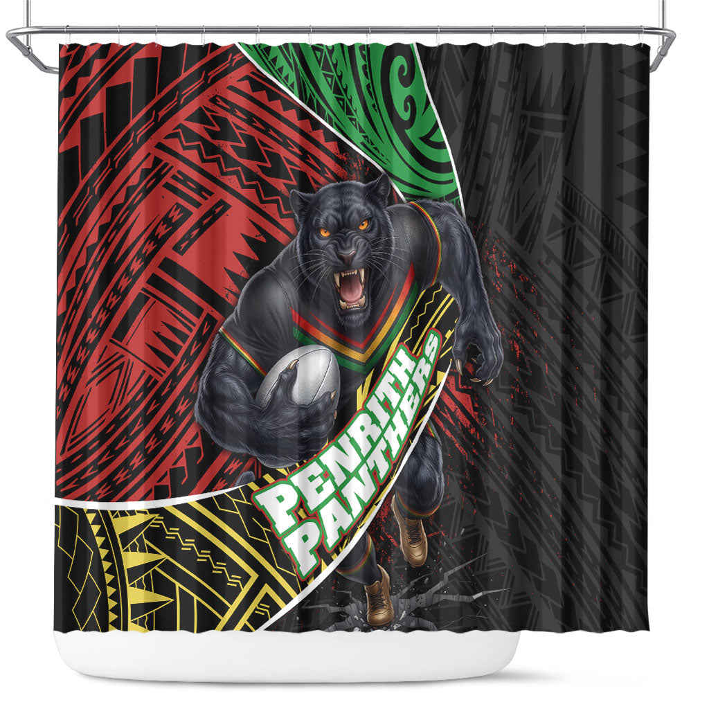 Penrith Panthers Rugby Shower Curtain Tribal Polynesian Power Art - Lightning Mascot