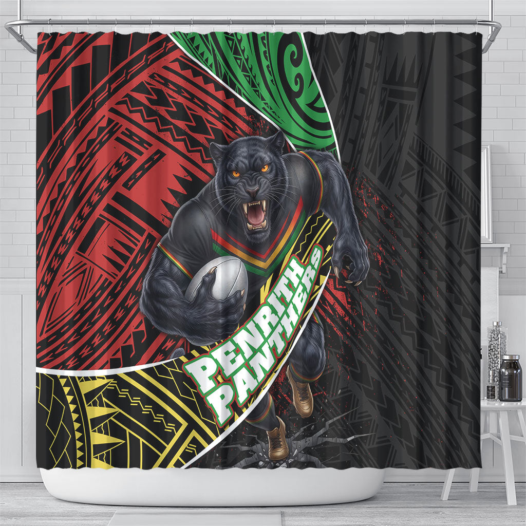 Penrith Panthers Rugby Shower Curtain Tribal Polynesian Power Art - Lightning Mascot